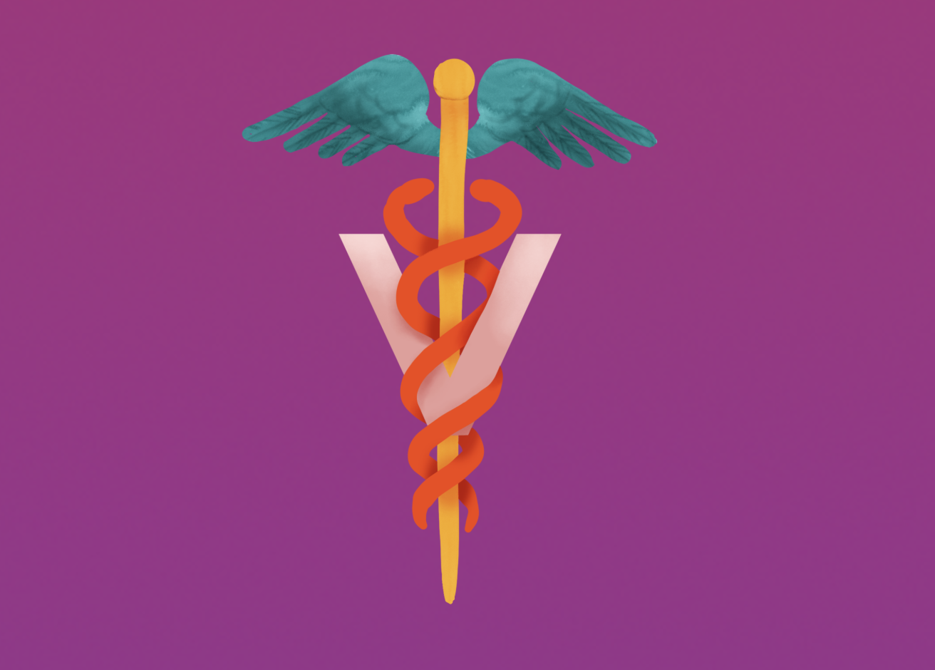 Illustration of an orange serpent coiled around a golden staff with teal hand-shaped wings, above a pale V, on a purple background